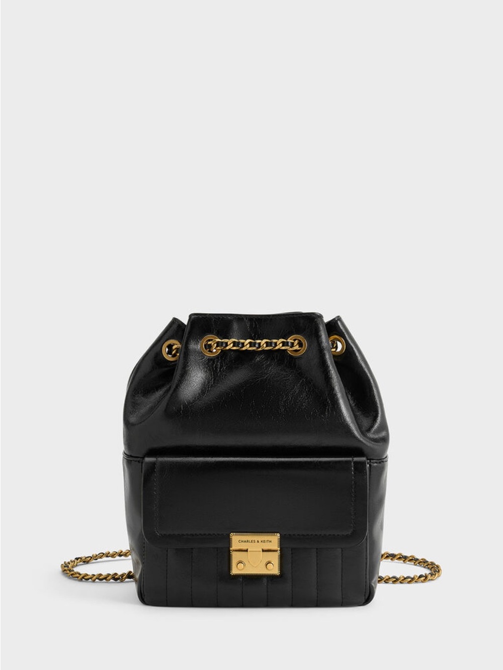 Brand New Charles & Keith Black Crinkle-Effect Drawstring Backpack